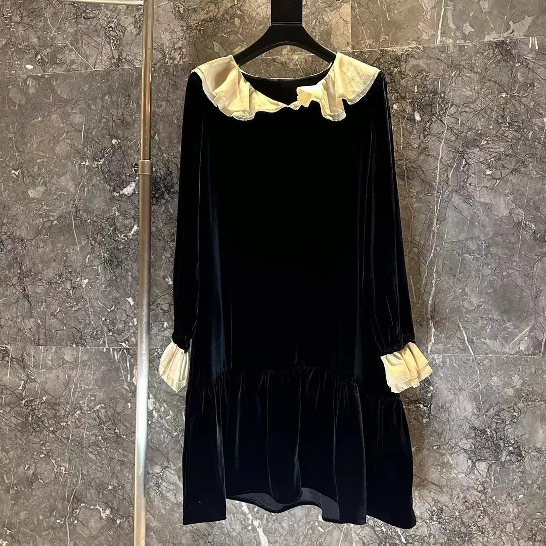 海军v领高端桑蚕丝真丝丝绒女装连衣裙蕾丝显瘦秋冬拼接法式黑色