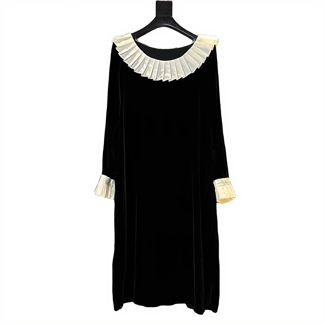 百褶领法式高端连衣裙长款气质黑色长袖拼接设计师百搭圆领时尚