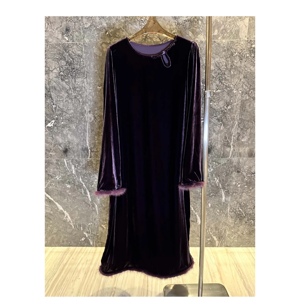 水貂毛拼接软糯100%桑蚕丝丝绒圆领百搭新中式长袖连衣裙气质轻奢