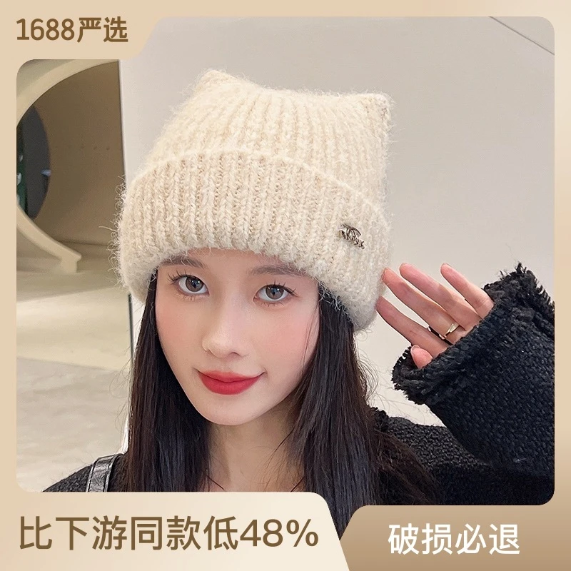 绵羊毛毛线帽女冬季大头围猫耳朵毛绒针织帽保暖护耳百搭套头冷帽