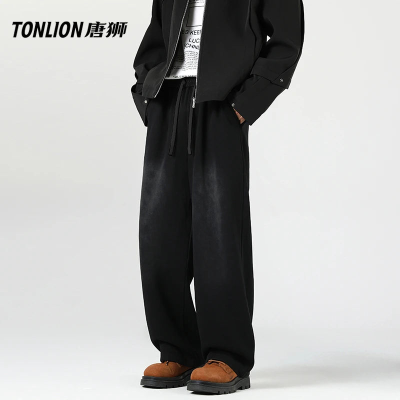唐狮320g高克重小米妮水洗黑卫裤男装2024高街直筒潮牌宽松裤子男