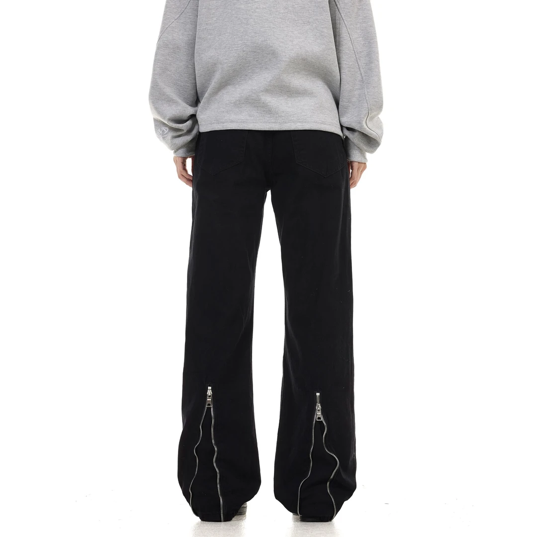 ZLAYCO美式高街裤脚拉链百搭直筒微喇牛仔裤男女设计感黑色裤子