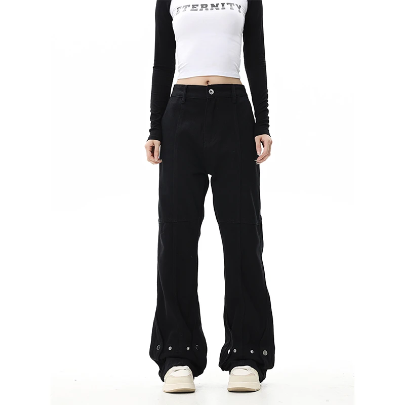 ZLAYCO美式高街vibe风黑色排扣牛仔裤男ins潮牌宽松直筒微喇裤子