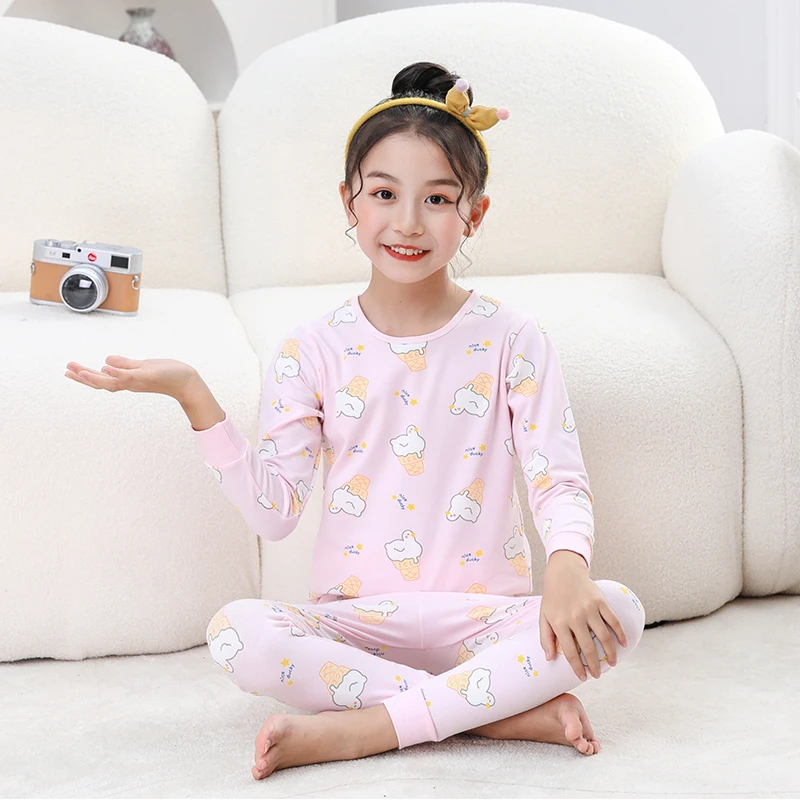 儿童秋款睡衣套装男童睡衣精梳棉女童秋衣秋裤长袖印花圆领童装
