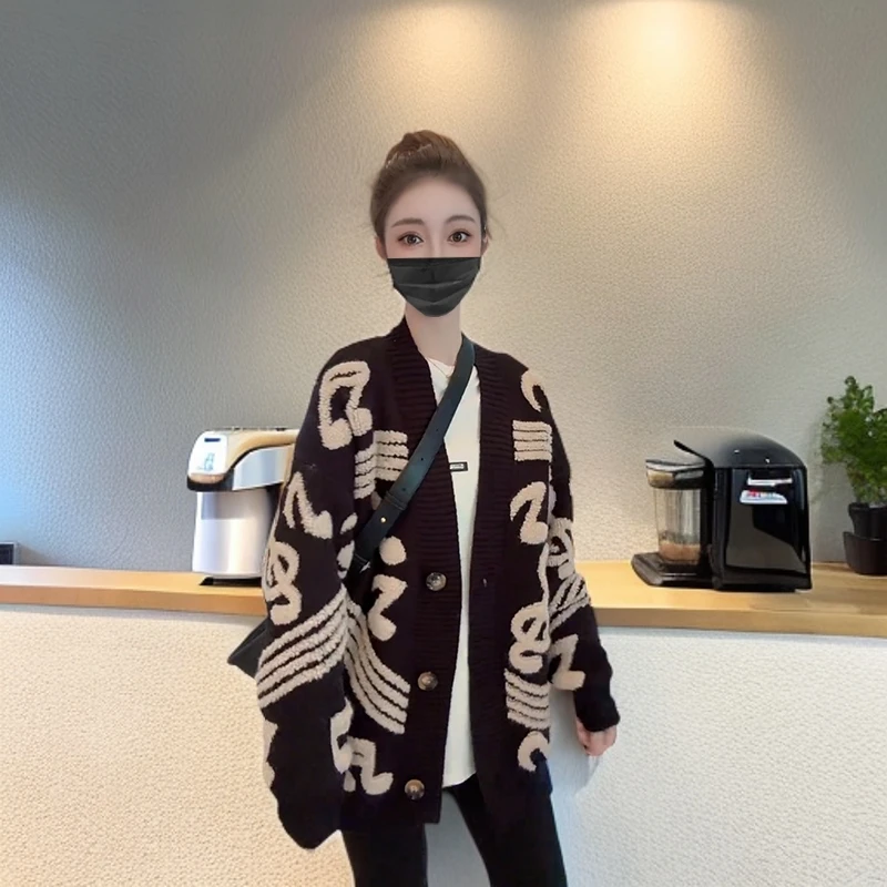 【好品质】秋冬新款毛衣外套女宽松音符针织开衫韩版显瘦百搭学院风