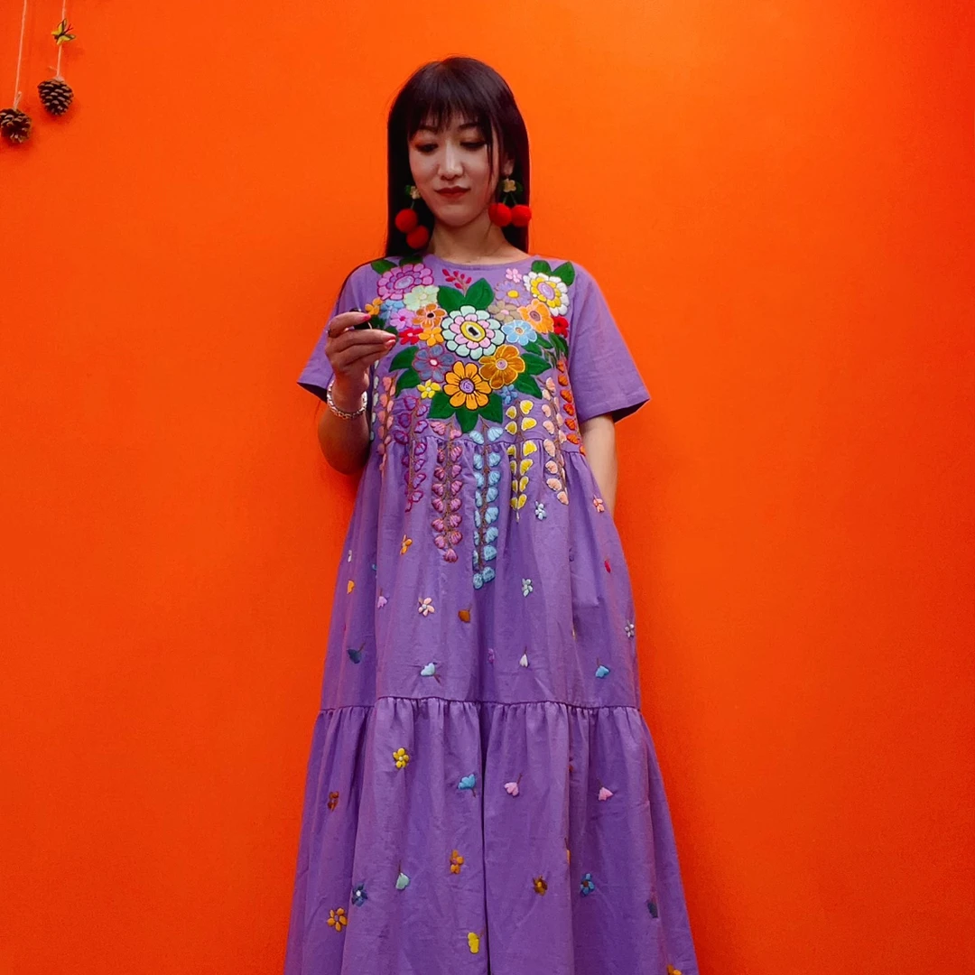 泰国手工刺绣花朵夏季时尚显瘦中长款重工刺绣宽松连衣裙