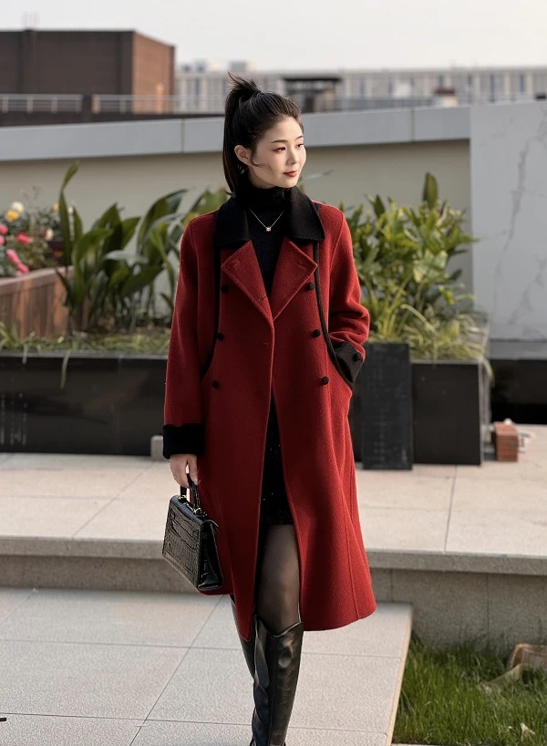 刘婷原创 2024冬季高端拼色双面羊绒大衣