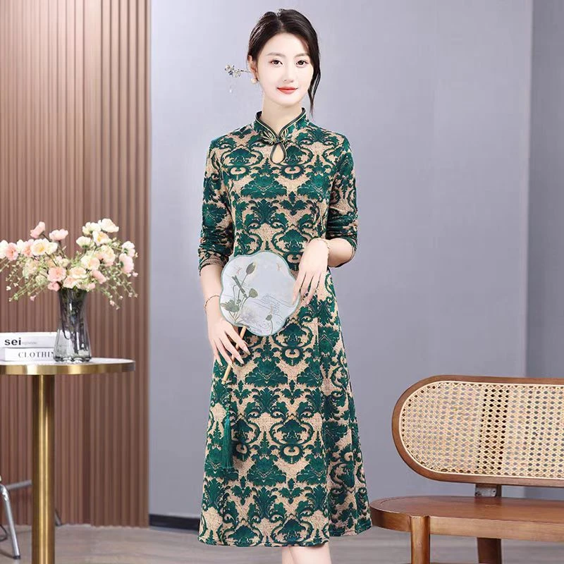 Q0-5新款印花连衣裙改良旗袍复古民族风中长款过膝裙子