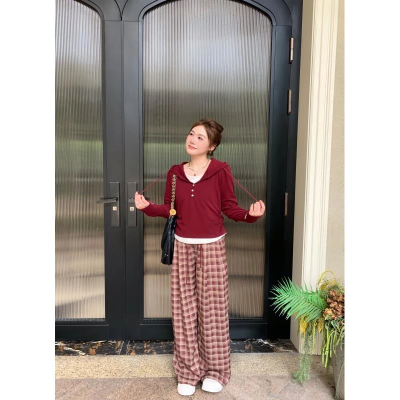 七七/【玛格丽特】秋季磨毛假两件连帽上衣格子裤套装XNS6069