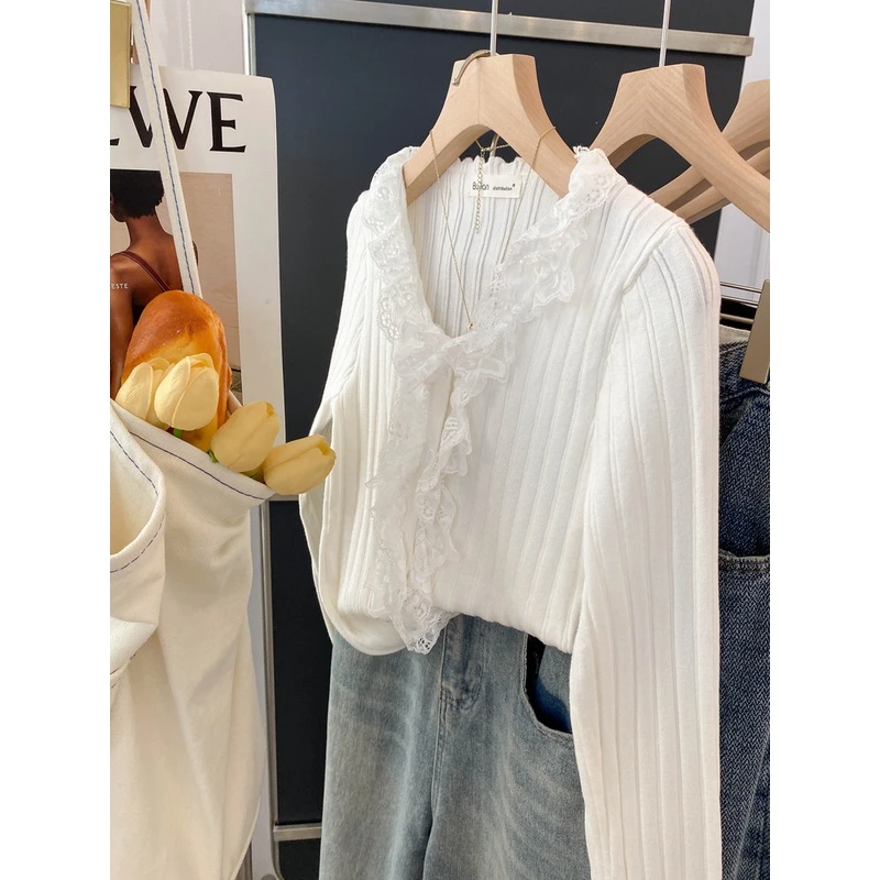 韩系蕾丝拼接针织毛衣开衫女秋季内搭打底衫设计感小众芭蕾风上衣