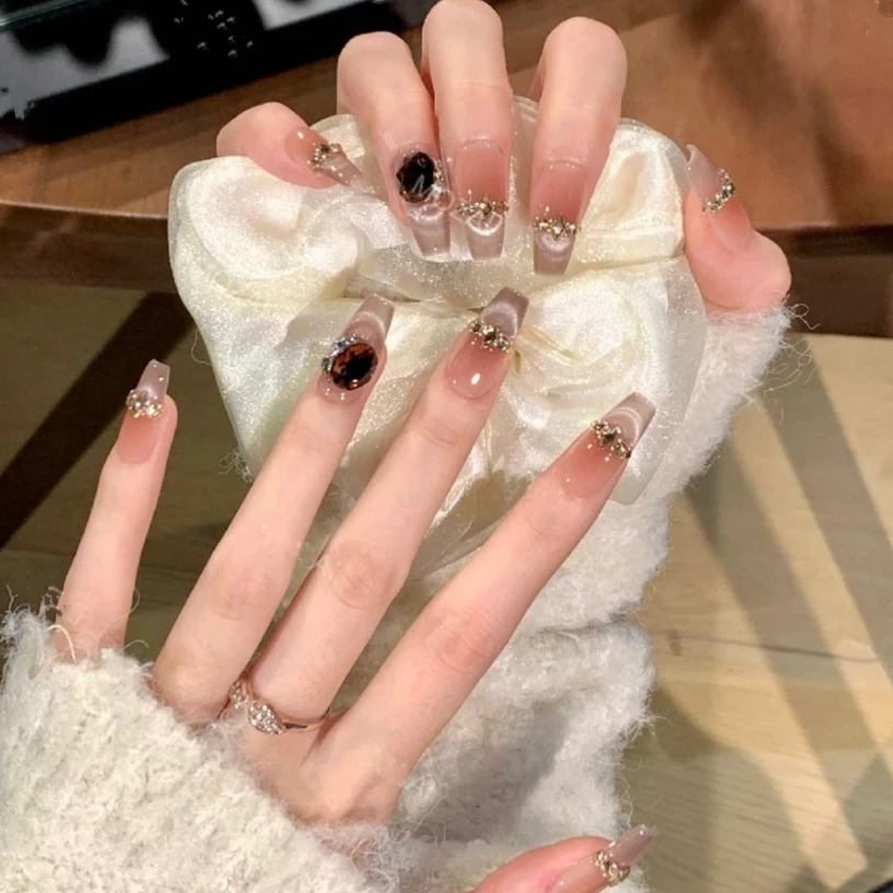 【茶系千金】纯手工美甲夏日纯欲满钻裸色系甲片可拆卸穿戴甲