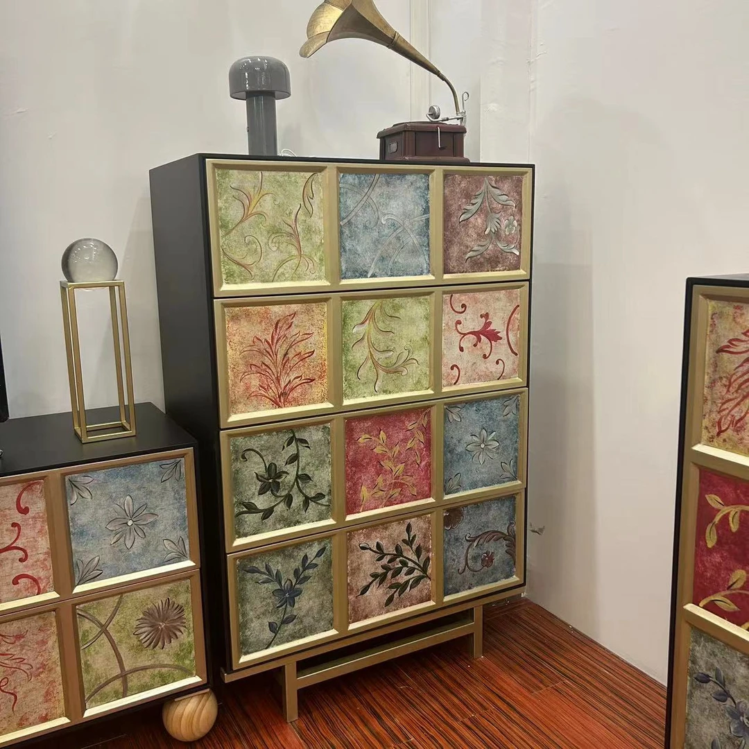 美式乡村 纯手工彩绘四斗柜 复古客厅家用大容量玄关简易抽屉式