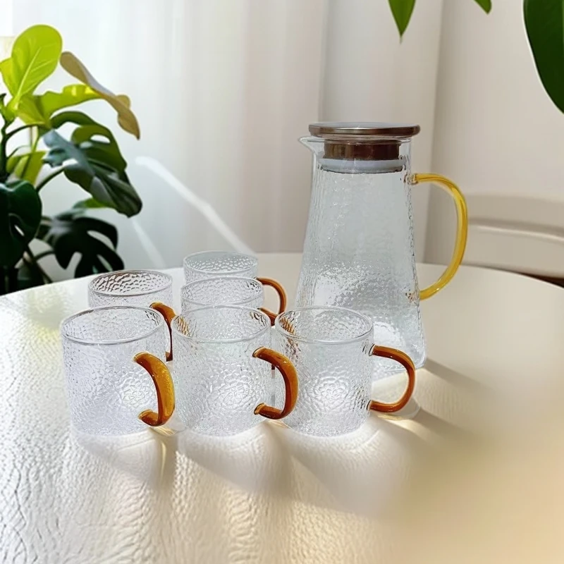 简约家用大容量冷水壶耐热耐高温高硼硅锤纹方壶凉水壶＋凉水杯