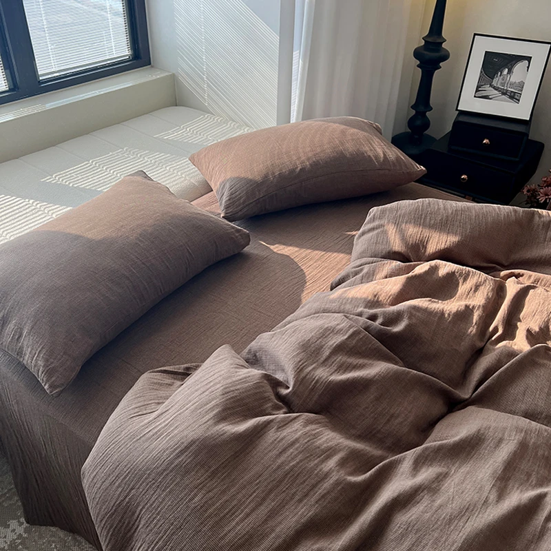 北欧简约全棉双层纱千鸟格提花四件套柔软裸睡被套床单款纯棉床品