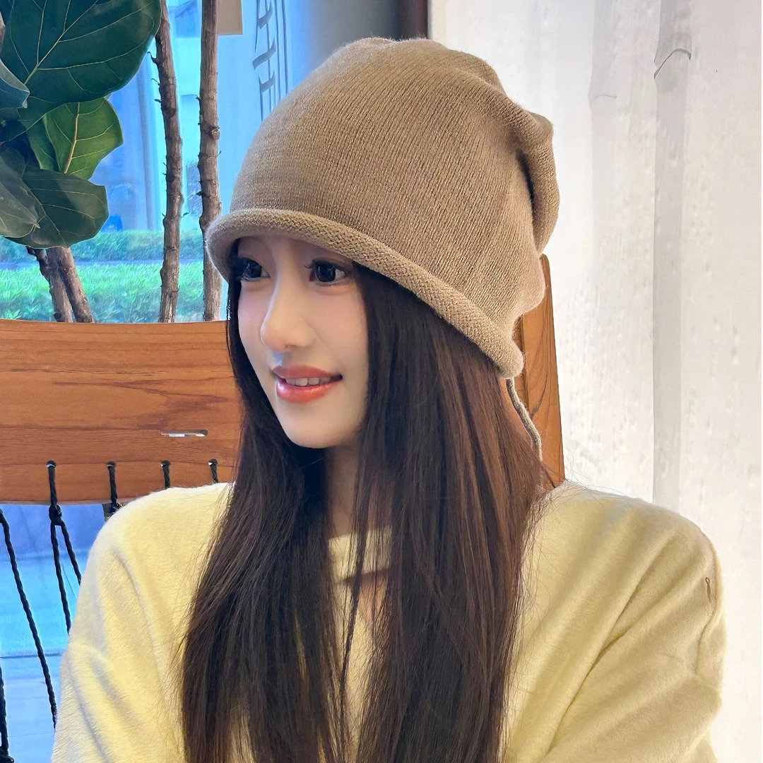 2024新款卷边针织秋冬网红抽绳堆堆帽显脸小保暖时尚百搭大头围