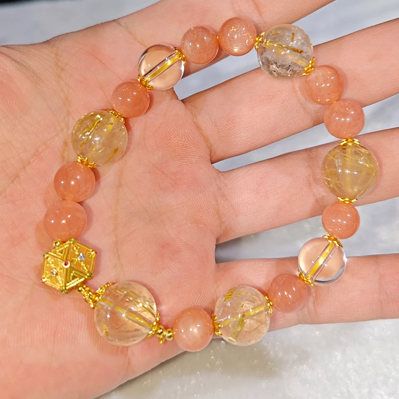 【原创劲抽米】925银太阳石白水晶金发晶水晶手串 [多样性发其一]