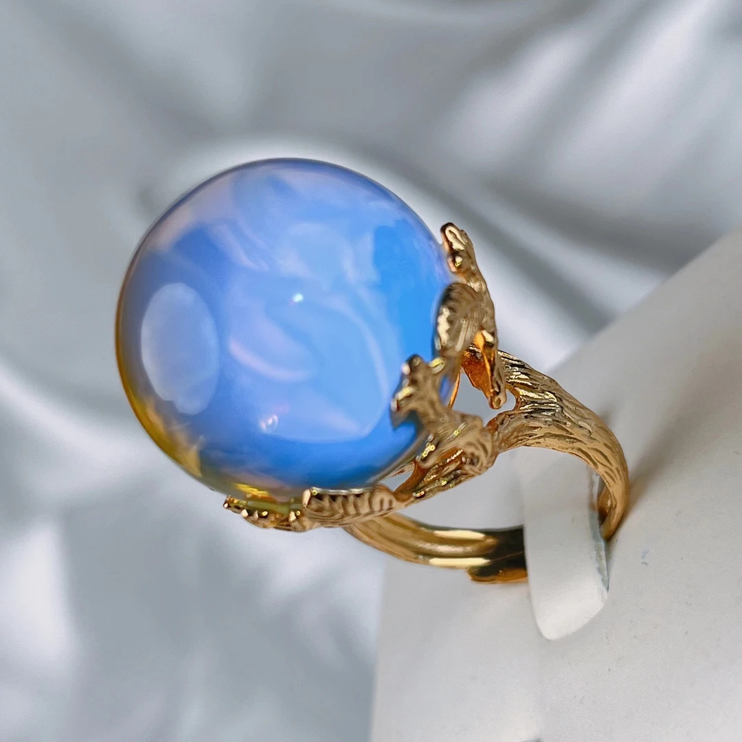 夏歌珠宝-墨西哥天然蓝珀20+大珠戒指气质轻奢时尚镶嵌精致可调节