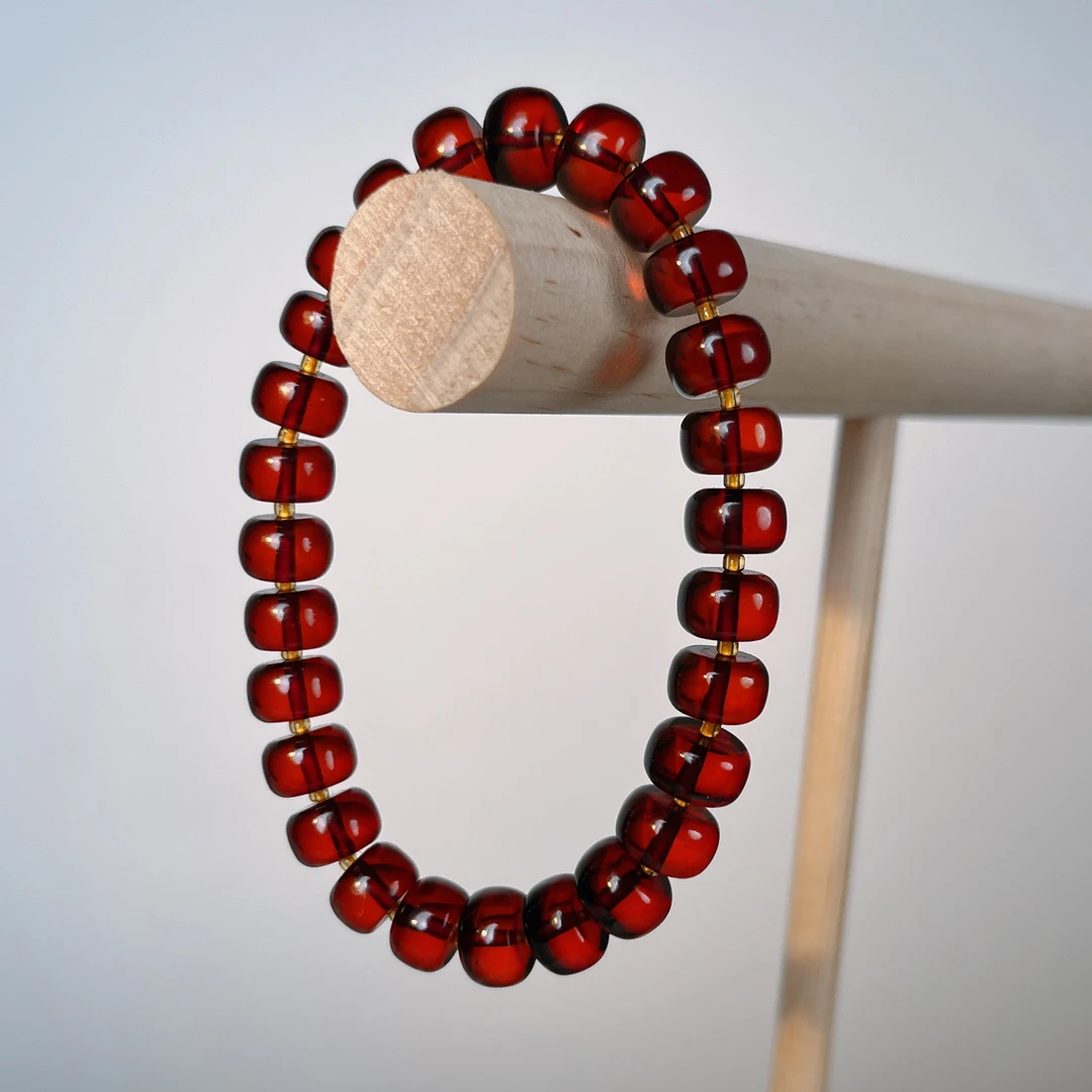 【夏歌珠宝】9+缅甸老矿血珀酒红色老型算盘珠单圈男女士手串手链