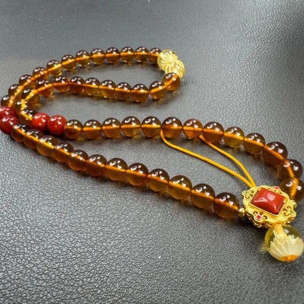 【夏歌】6+缅甸灵草珀紫罗兰圆珠手机链长款轻奢时尚茶珀素珠珠