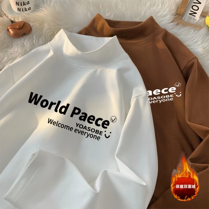 霄桂姿冬季新款打底衫男青年百搭印花长袖T恤保暖双面绒内搭秋衣