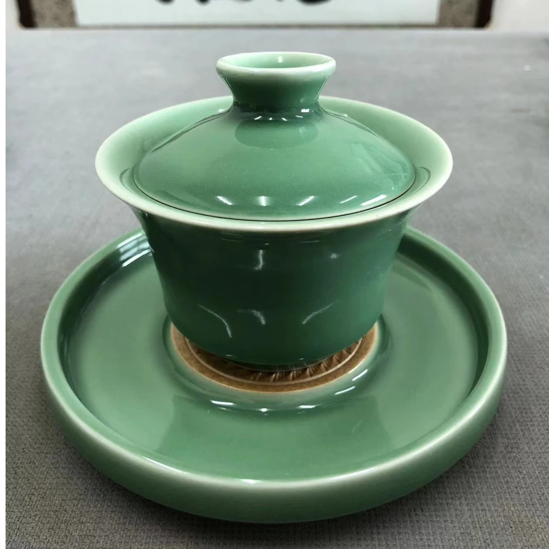 青瓷龙泉茶具梅子青壶承盖碗一套三合一弟窑刻刀手工微瑕