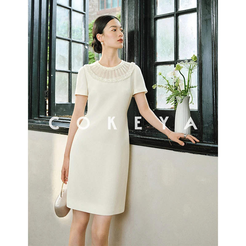 COKEYA/重磅折纸艺术~進口醋酸手工花边领短袖收腰裙ENB3XH503