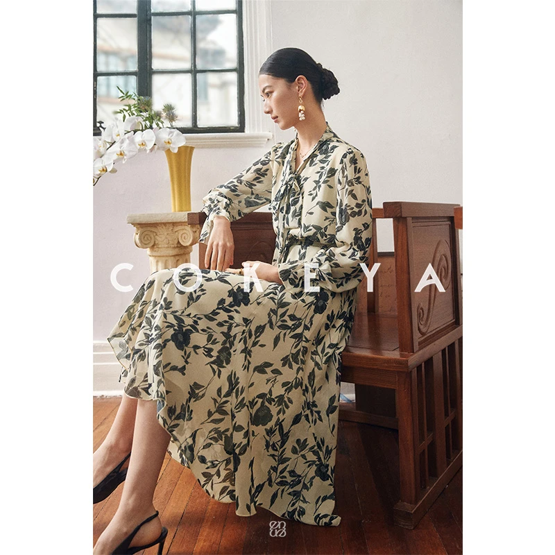 COKEYA/早~南法假日45°斜裁重磅用料乔其纱碎花度假风裙ENB1XH425