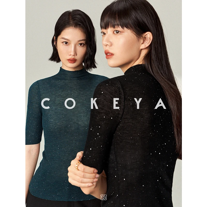 COKEYA/薄雾星空~120s及细水溶美利奴羊毛珠片半高领五分袖针织衫
