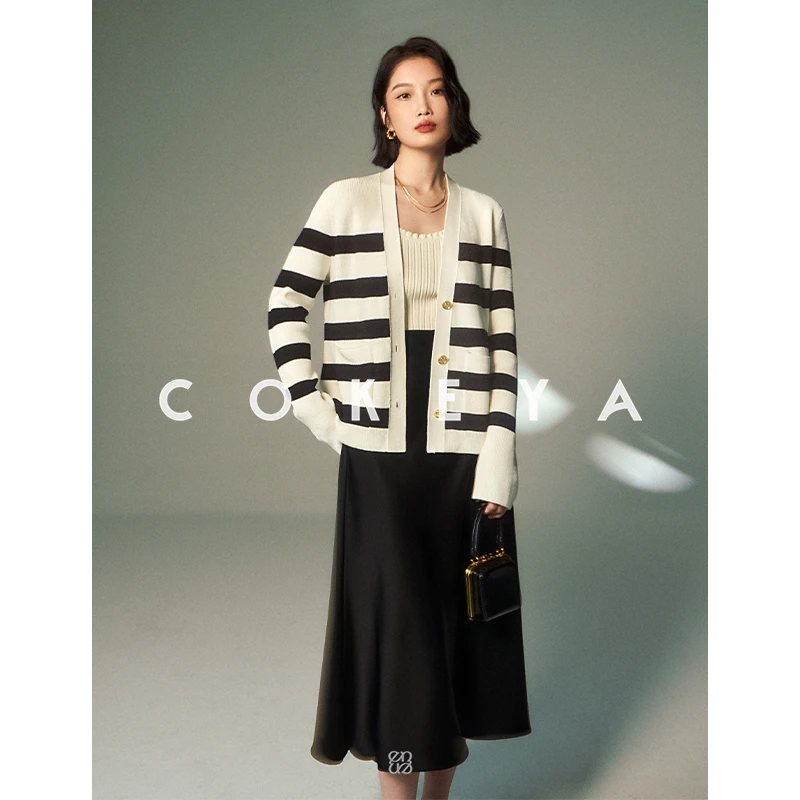 COKEYA/巴黎海魂条~高弹冰丝纱经典条纹撞色V领宽松针织开衫外套