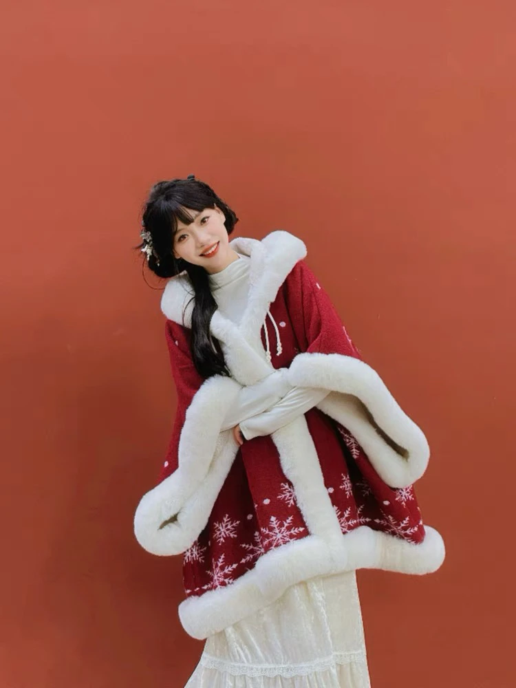 【国风雪花加厚披肩】秋冬拍照保暖加厚毛毛雪花包边披肩