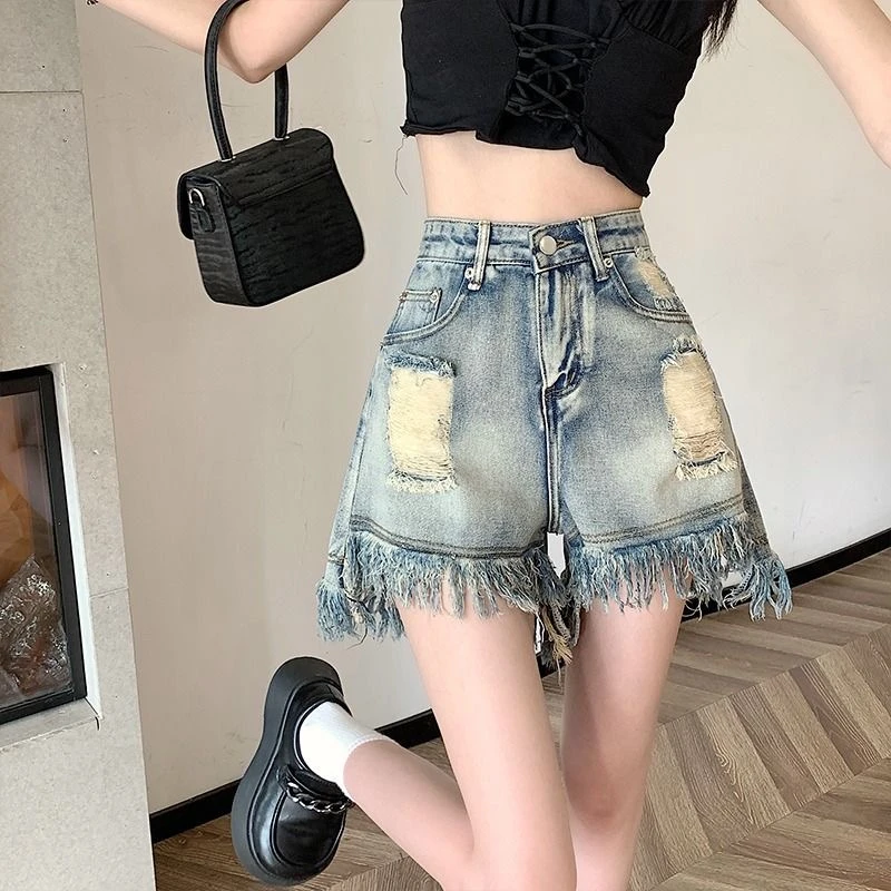 【牛仔裤短裤】夏季设计感辣妹破洞短裤女小个子毛边流苏A字款短裤