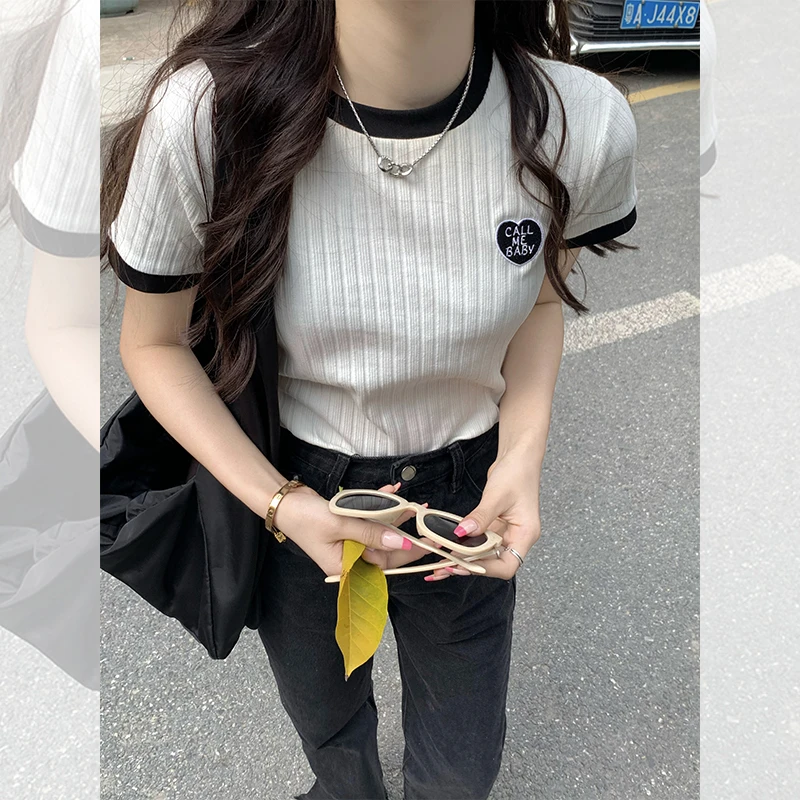 【宋正恩】白色短袖t恤女修身显瘦撞色新款半袖正肩体恤上衣