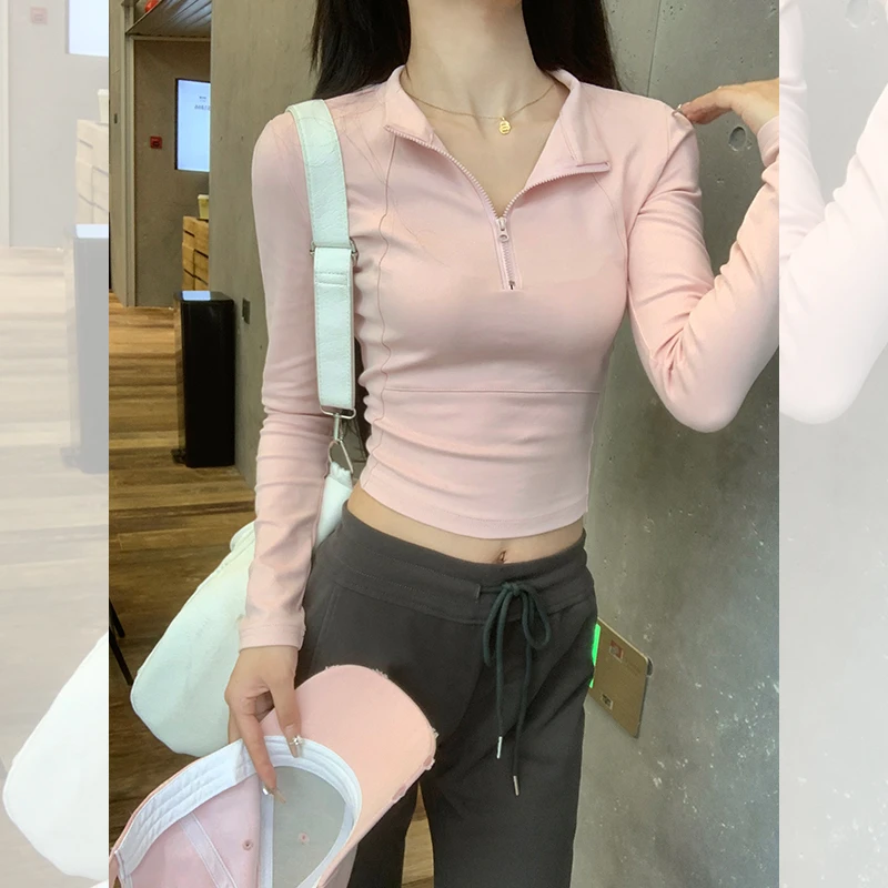 宋正恩粉色短款polo领女t恤秋装时尚洋气长袖内搭打底衫甜辣上衣