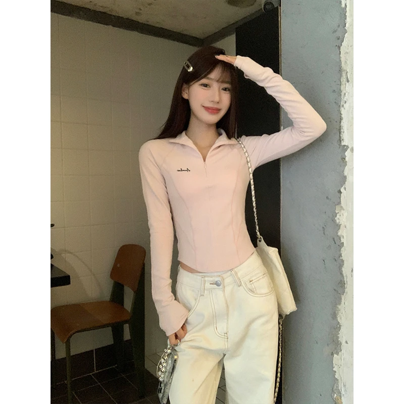 宋正恩粉色正肩内搭打底衫女秋冬修身加厚高级感短款长袖t恤上衣