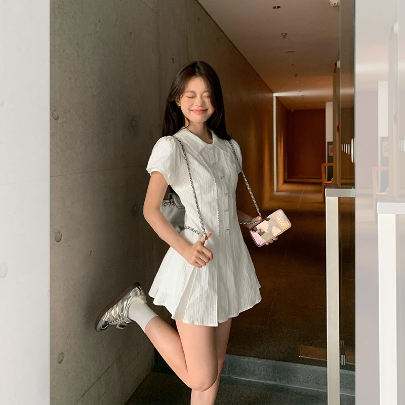 宋正恩学院风白色泡泡袖衬衫连衣裙女气质收腰甜美短裙ZSSL303