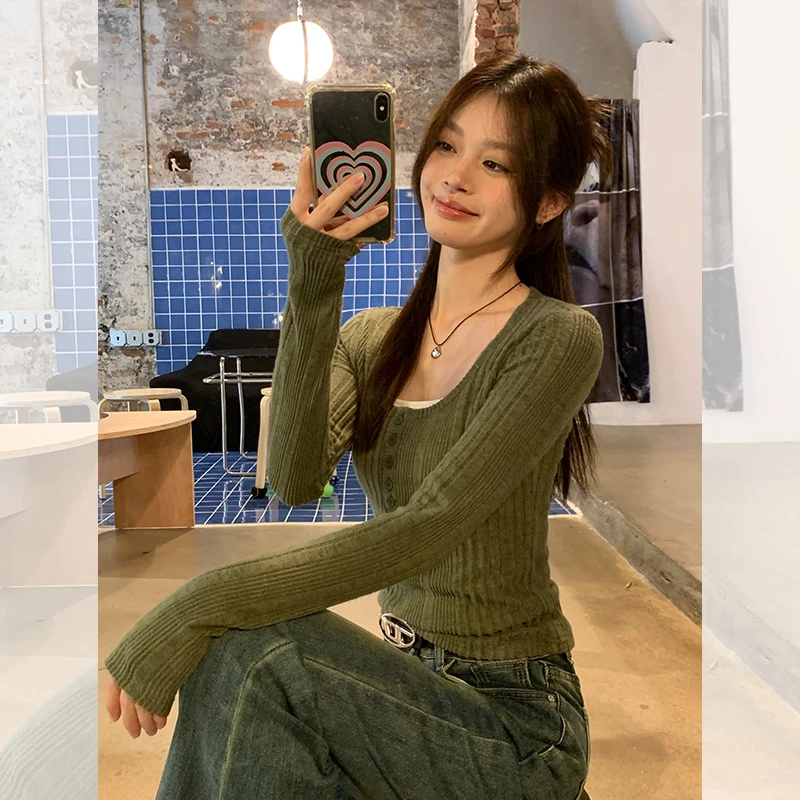 宋正恩肌理感U领针织打底衫女秋冬内搭修身短款高级感上衣长袖t恤