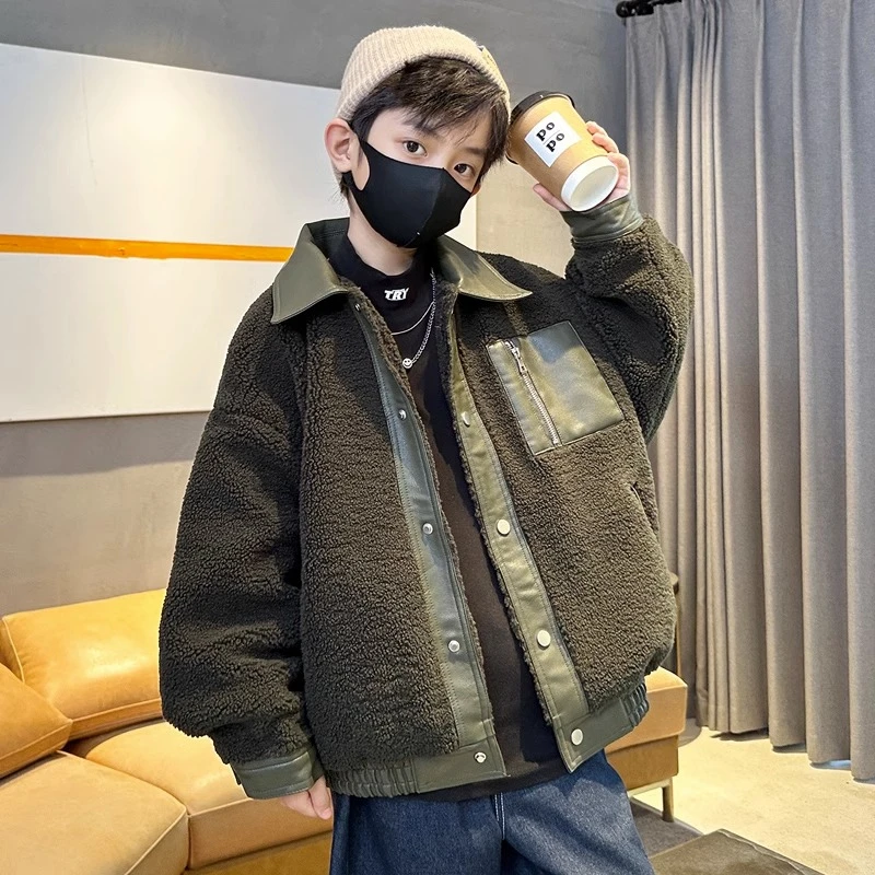 男童秋冬季加绒加厚外套夹棉大童2023新款儿童毛毛衣15岁痞帅酷潮