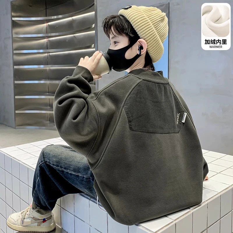 儿童装男童卫衣加绒秋冬款2023新款中大童冬季加厚男孩一体绒上衣