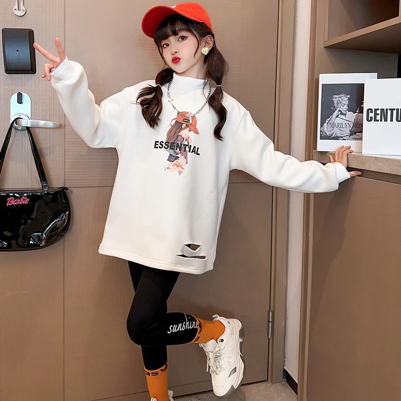 女童9t恤长袖秋冬加绒打底衫中长款半高领上衣内搭加厚体恤中大童