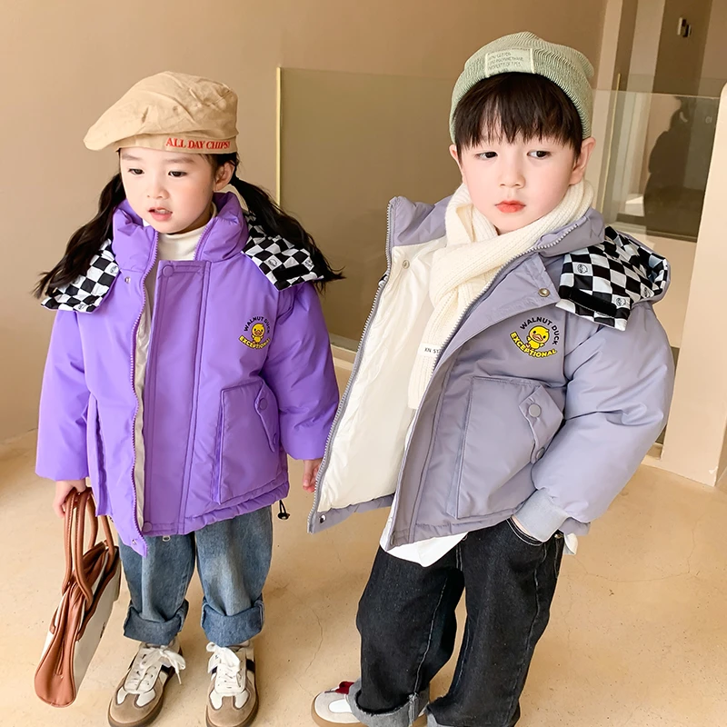 小黄鸭儿童韩版洋气棉服男女童宝宝冬季加厚保暖连帽棉袄外套W