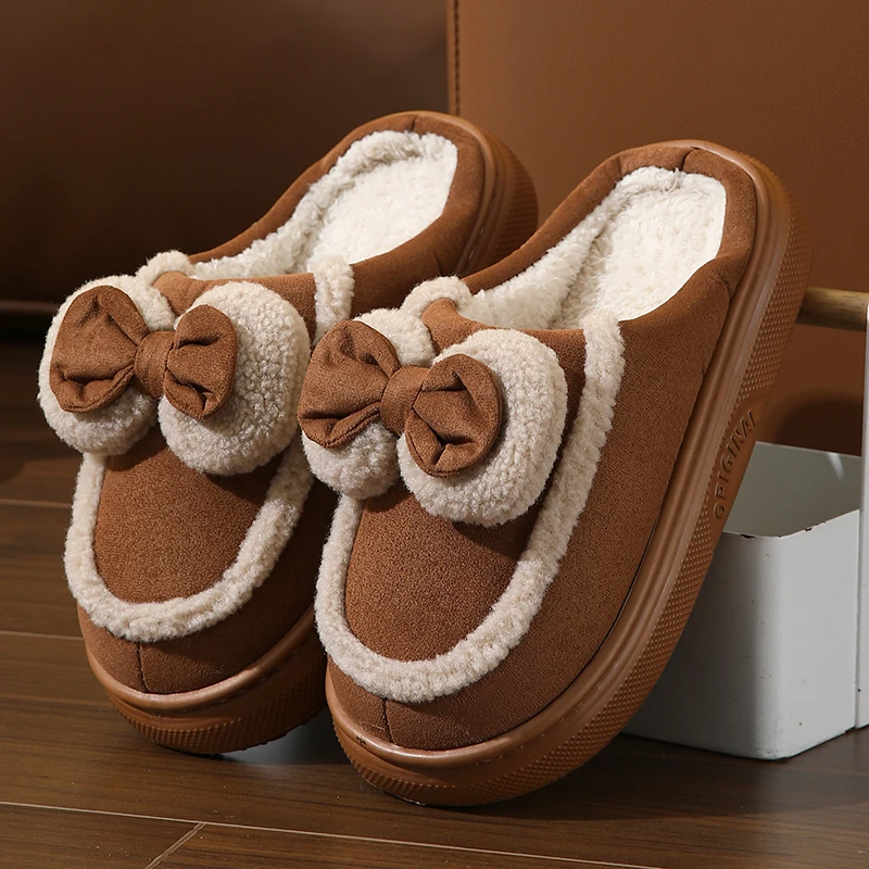 棉拖鞋女厚底高跟家用室内瑚蝶结增高拖鞋冬季加绒保暖月子鞋软底