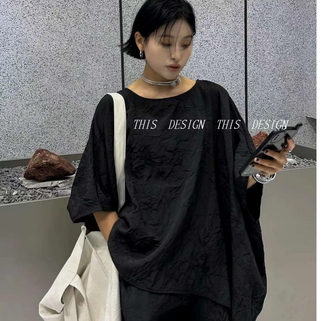 【乔姐】简约韩版压皱圆领连裁中袖百搭衬衫女R1200宽松大码