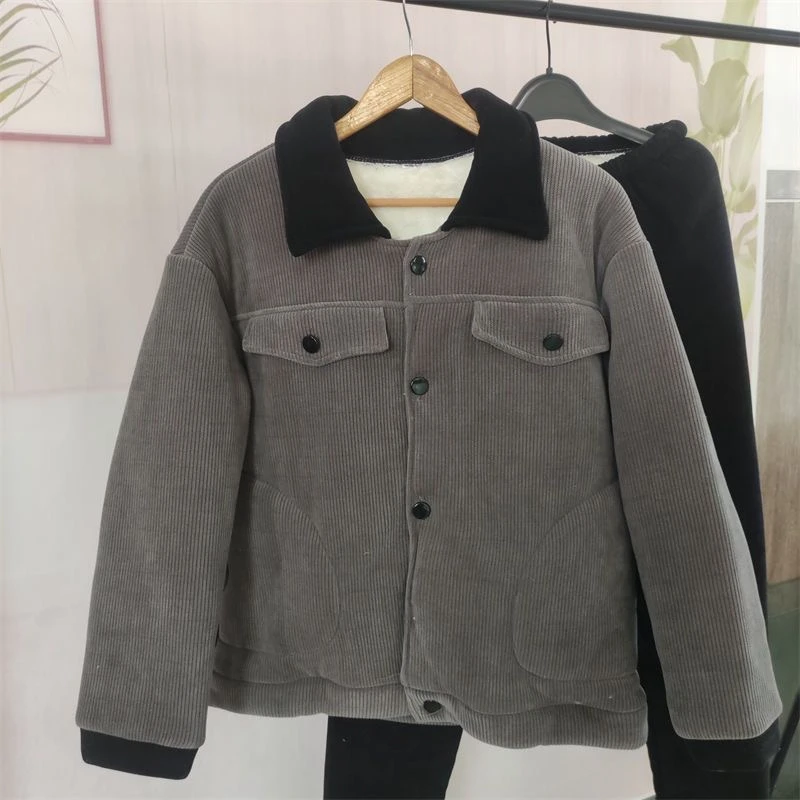 2024冬季新款男士睡衣套装三层加绒加厚翻领条绒家居服可外穿棉衣