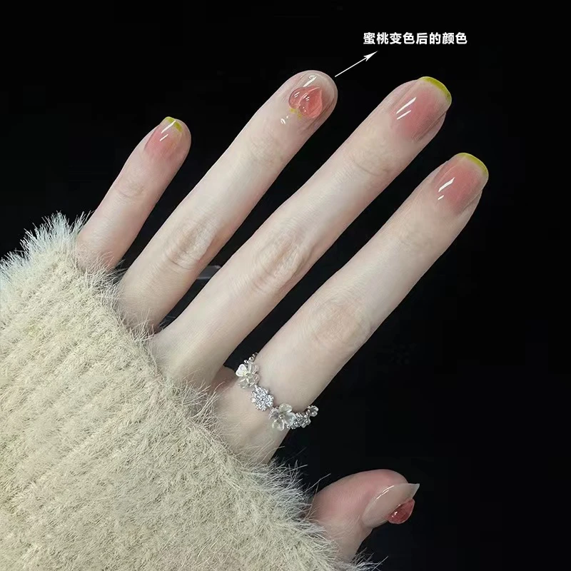 A58短款腮红变色小桃法式穿戴美甲甜美仙女风可拆卸穿戴美甲24片