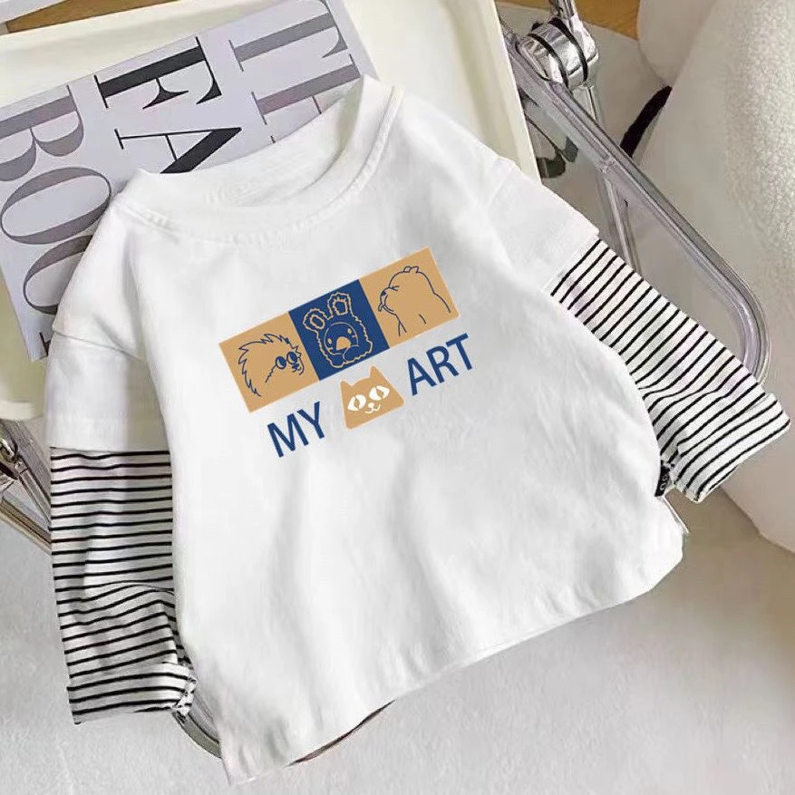 短袖纯棉男女童假两件长袖T恤宝宝春秋装新款上衣男童洋气打底衫T