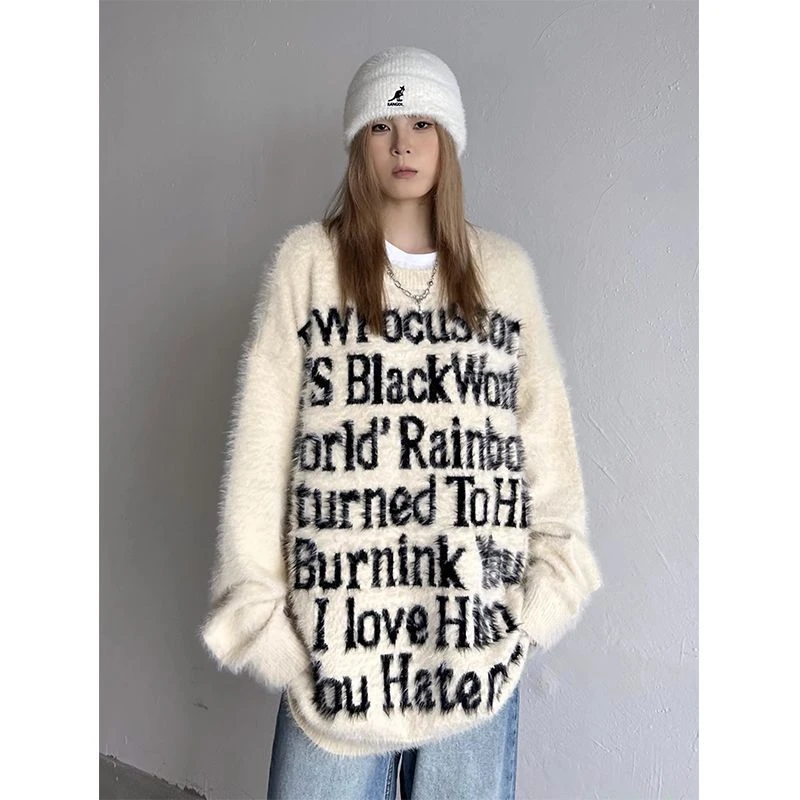 KULINGZHU美式情侣毛衣男女秋冬复古慵懒风小众设计感圆领针织衫