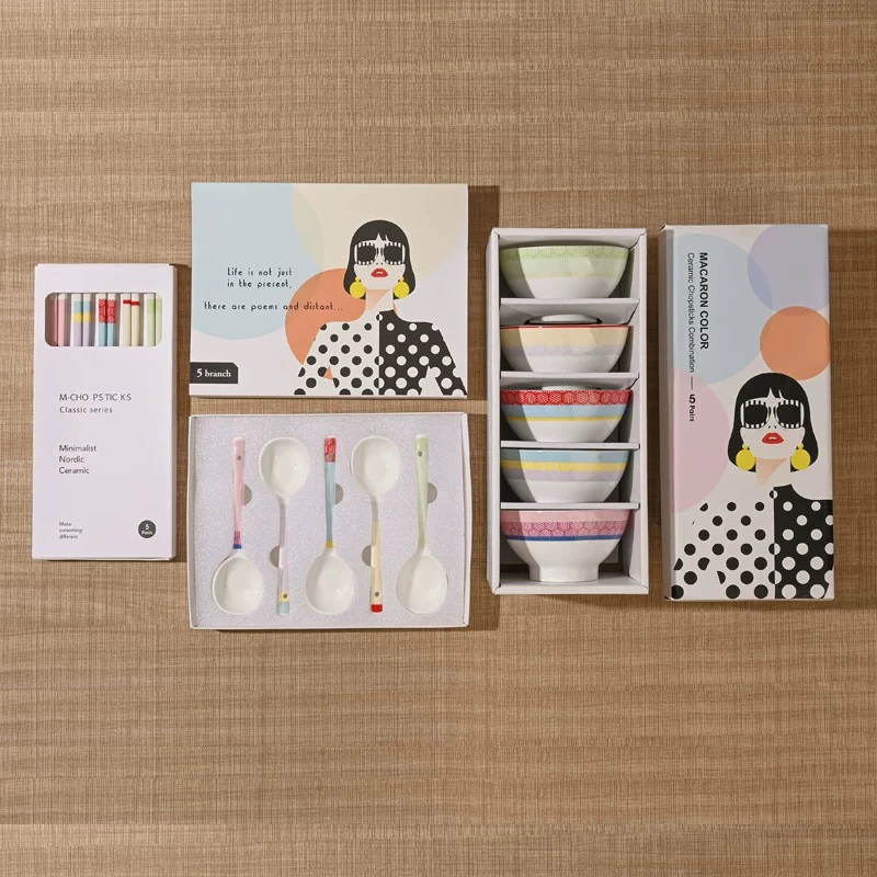 家用陶瓷餐具套装高颜值易清洗防霉耐高温陶瓷筷子勺子饭碗礼盒装