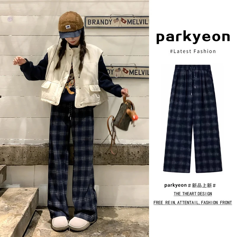 parkyeon港风复古藏青色格子松紧腰抽绳休闲裤女冬季宽松直筒裤子
