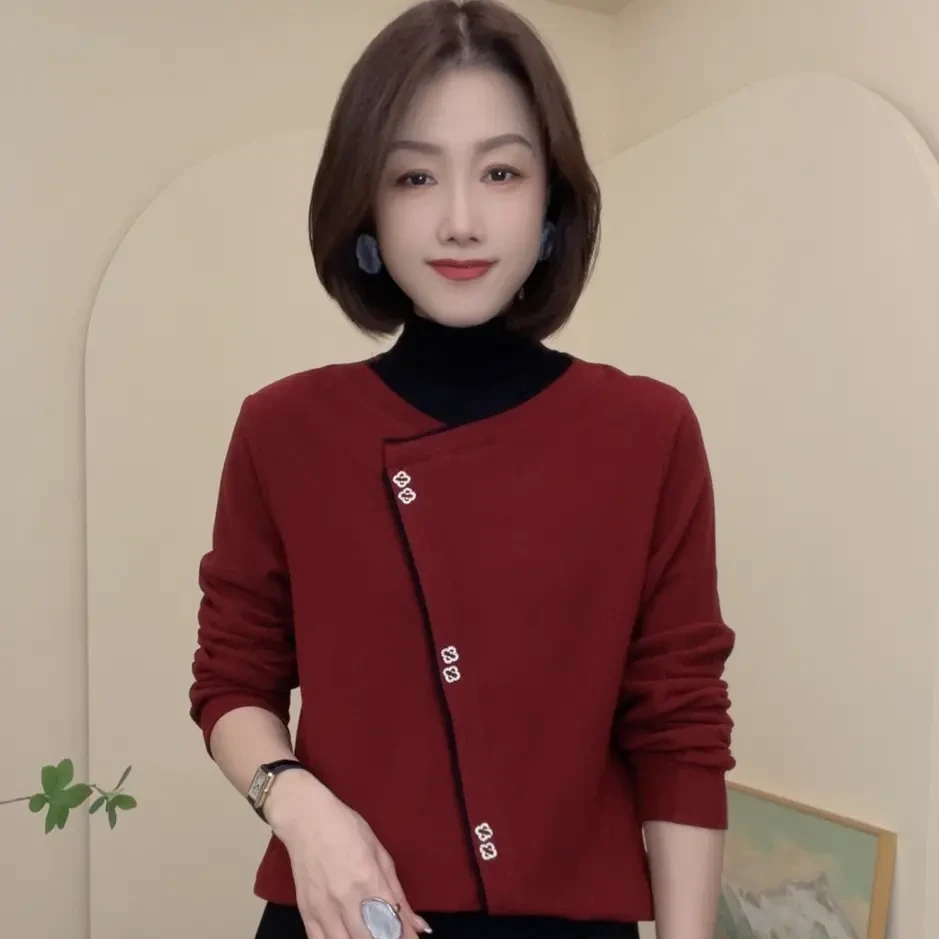 冬季新款长袖设计感撞色打底衫洋气百搭气质女士显瘦上衣