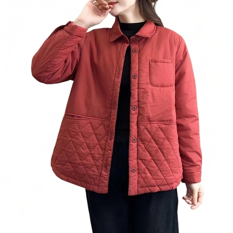 休闲时尚菱格加棉外套2024新款女秋冬小个子宽松百搭翻领薄款棉服